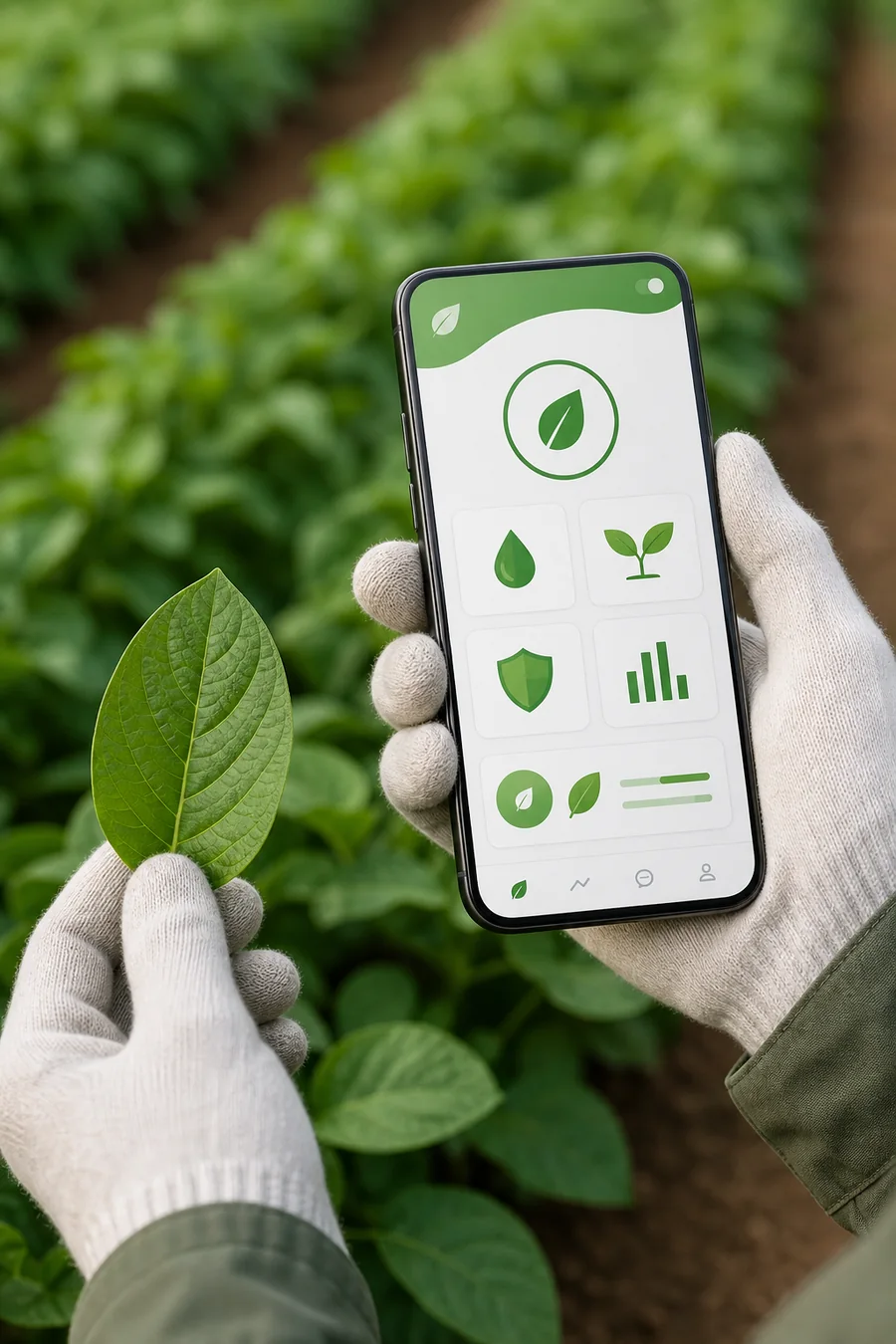 Consulta agrícola desde un teléfono frente al cultivo