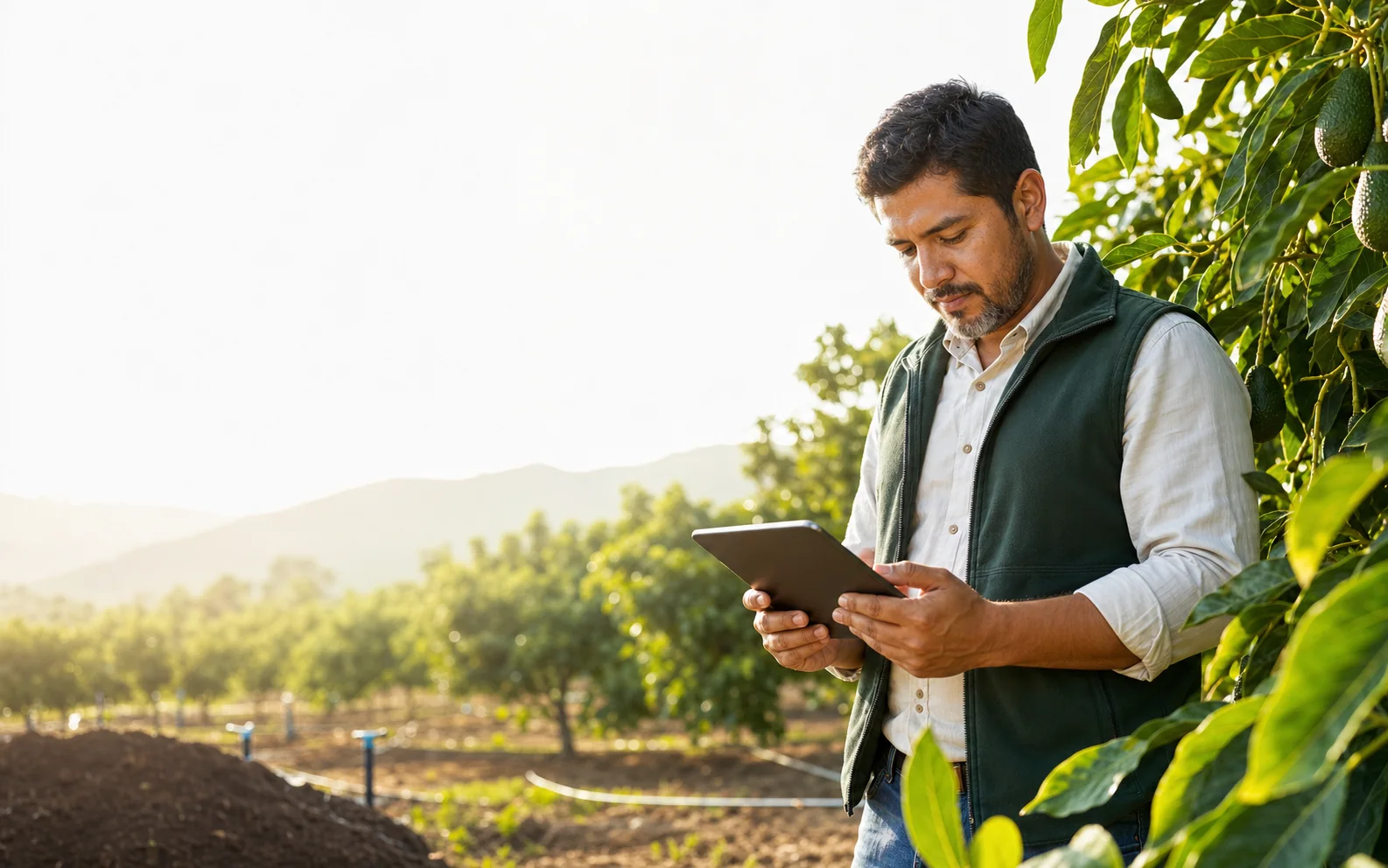 Agrónomo revisando información de un cultivo de aguacate